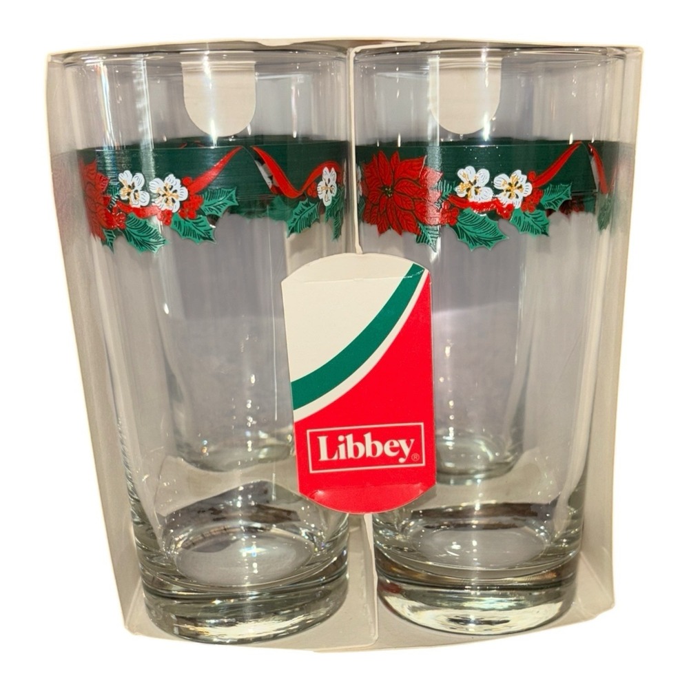 VTG NOS Libbey Christmas Glasses Poinsettia Holiday Set of 4 Heavy Bottom USA
